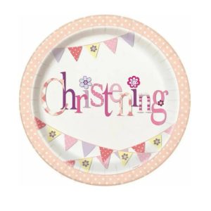 Pink Bunting Paper Christening Party Plates