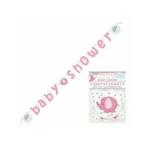 Pink Elephant Umbrella Girl Baby Shower Banner Decorations