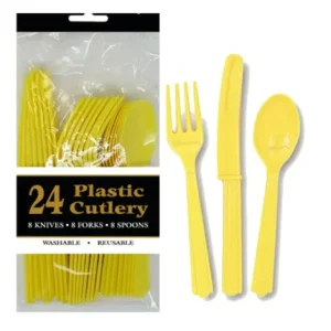 Coloured Plastic Cutlery Knives Forks Spoons Soft Yellow